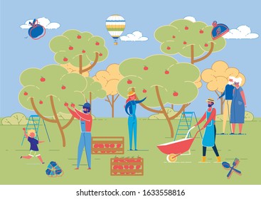 Farmers Big Family Harvesting. Various Generations on Nature. Apple Garden Background with People, Adults and Children Cartoon Characters Gathering Harvest and Communicating. Flat Vector Illustration.