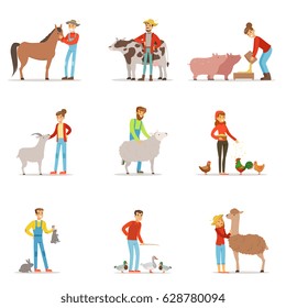 Farmers breeding livestock. Farm profession worker people, farm animals. Set of colorful cartoon detailed vector Illustrations