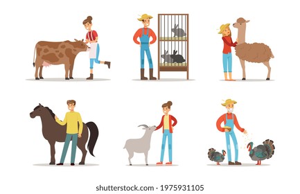 Farmers Breeding Livestock Feeding Farm Animals Vector Set