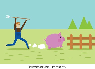 Farmers are busy raising their pigs, Vector illustration in flat style