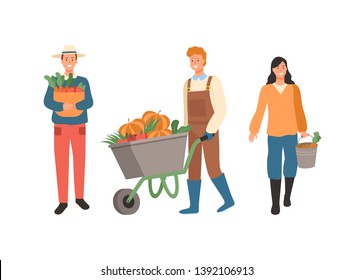 Farmers busy with work vector, man carrying gathered carrots in woven basket, male pushing carriage with pumpkins, lady with bucket and eco products