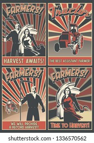 Farmers Call Posters Set Vintage Agriculture Propaganda Stylization
