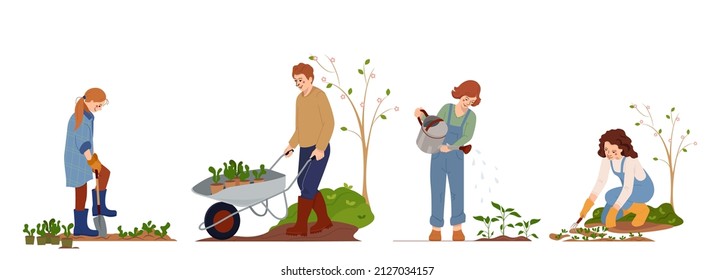 Farmers caring of plants set. Characters watering and grows plant, vegetables and flowers in garden. Horticulture and organic nutrition concept. Cartoon flat vector illustration