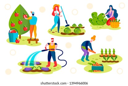 Farmers Caring of Plants Set. Male Characters Watering Eggplants, Pick Ripe Apples, Female Harvesting Vegetables in Garden. Horticulture, Organic Ecological Nutrition. Cartoon Flat Vector Illustration