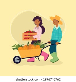 farmers carry apples and pumpkins cartoon
