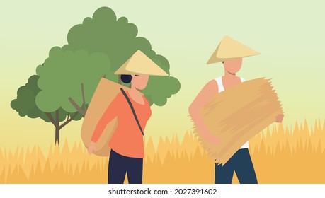 Farmers carry crops and hay through grass trees and shrubs