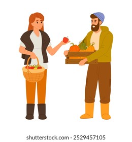 Farmers carrying harvesting crop. Farm workers with baskets and boxes with fresh fruits and vegetables flat vector illustration. Cartoon people with harvest