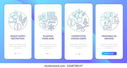 Farmers challenges face blue gradient onboarding mobile app screen. Walkthrough 4 steps graphic instructions with linear concepts. UI, UX, GUI template. Myriad Pro-Bold, Regular fonts used