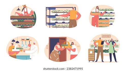 Farmers Characters Engage In Microgreen Production, Growing Tiny, Nutrient-packed Greens, Vector Illustration