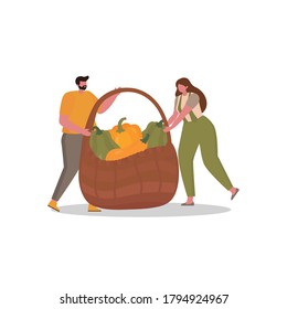 Farmers characters. Harvest time vector illustration for poster, flyer or banner or advertising template with small people and basket with pumpkin. Concept for gardening, autumn harvest, healthy food