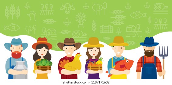 Farmers Characters with Icons Background, Agriculture, Cultivate, Countryside, Field, Rural