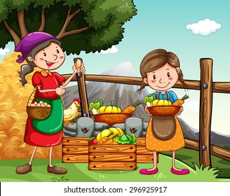 Farmers collecting vegetables and eggs
