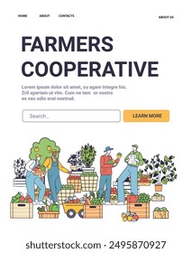 Farmers cooperative organic farming sustainable produce harvest scene with farmers gathering and selling fresh vegetables and fruits surrounded by greenery website landing page minimalistic style