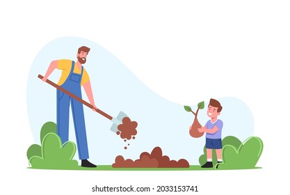 Farmers or Cottagers Characters Working in Garden. Father Digging Soil, Son Planting Sprout to Ground, Family Care of Trees, Outdoors Hobby, Environment Protection. Cartoon People Vector Illustration