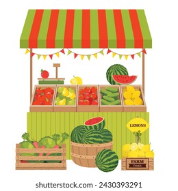 A farmer's counter with fruits and vegetables in wooden boxes. Local food at the stand at the farmer's fair. Vector illustrated clipart.