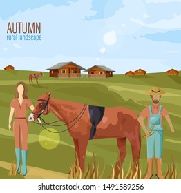 Farmers couple in autumn rural landscape Vector. Woman holding a horse countryside illustration