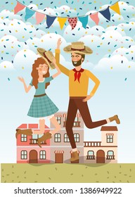 farmers couple celebrating with garlands and cityscape