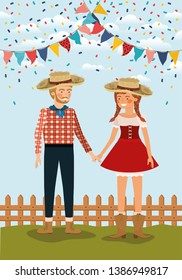 farmers couple celebrating with garlands and fence