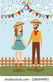farmers couple celebrating with garlands and fence