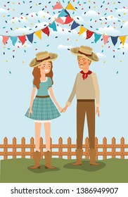 farmers couple celebrating with garlands and fence