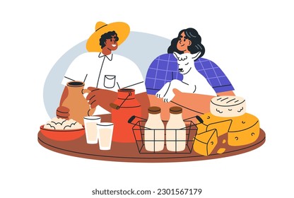 Farmers couple with dairy products, goat milk, cheese and curd. Local natural food, healthy agriculture production, nutrition at farm market. Flat vector illustration isolated on white background