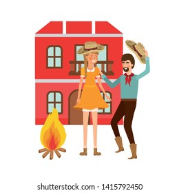 farmers couple dancing with background houses