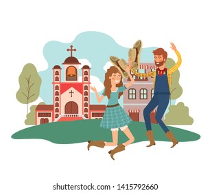 farmers couple dancing with background houses