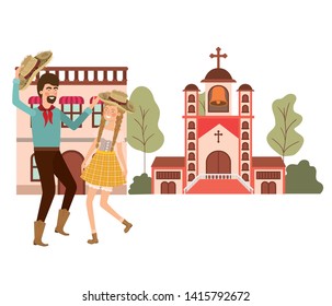 farmers couple dancing with background houses