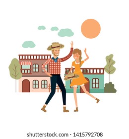 farmers couple dancing with background houses