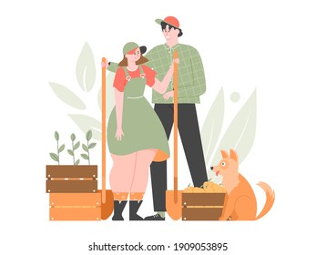 Farmers couple and dog stands together.  Farming, agriculture, growing fruits and vegetables. Seasonal fresh healthy food. Vector flat illustration.