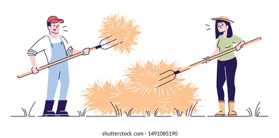 Farmers couple hay making  with pitchfork flat vector character. Autumn harvest concept. African american farm workers making haystacks. Agricultural work. Hay harvesting  cartoon illustration