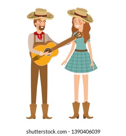 farmers couple with musical instrument