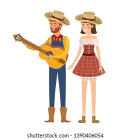 farmers couple with musical instrument