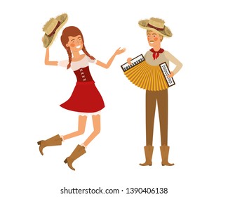farmers couple with musical instrument