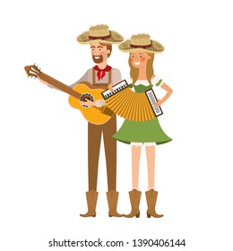 farmers couple with musical instrument