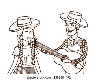 farmers couple with musical instrument