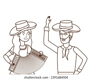 farmers couple with musical instrument