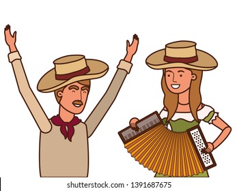 farmers couple with musical instrument
