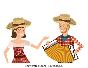 farmers couple with musical instrument