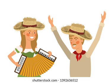 farmers couple with musical instrument