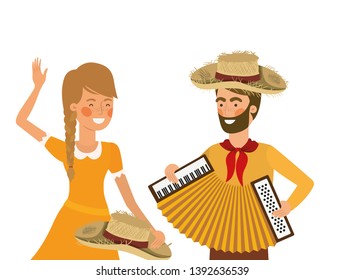 farmers couple with musical instrument