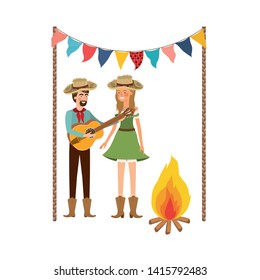farmers couple with musical instrument