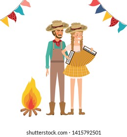 farmers couple with musical instrument