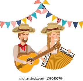 farmers couple with musical instruments