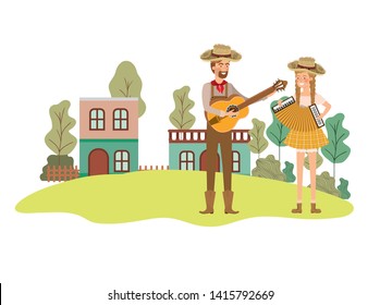 farmers couple with musical instruments