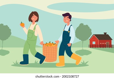 farmers couple with oranges in basket