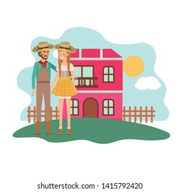 farmers couple talking with background houses