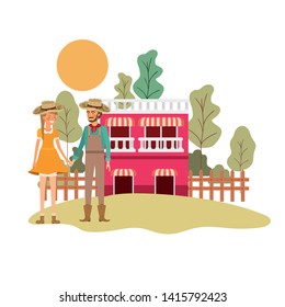 farmers couple talking with background houses