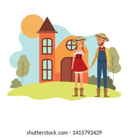 farmers couple talking with background houses