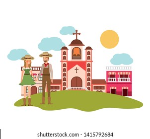 farmers couple talking with background houses